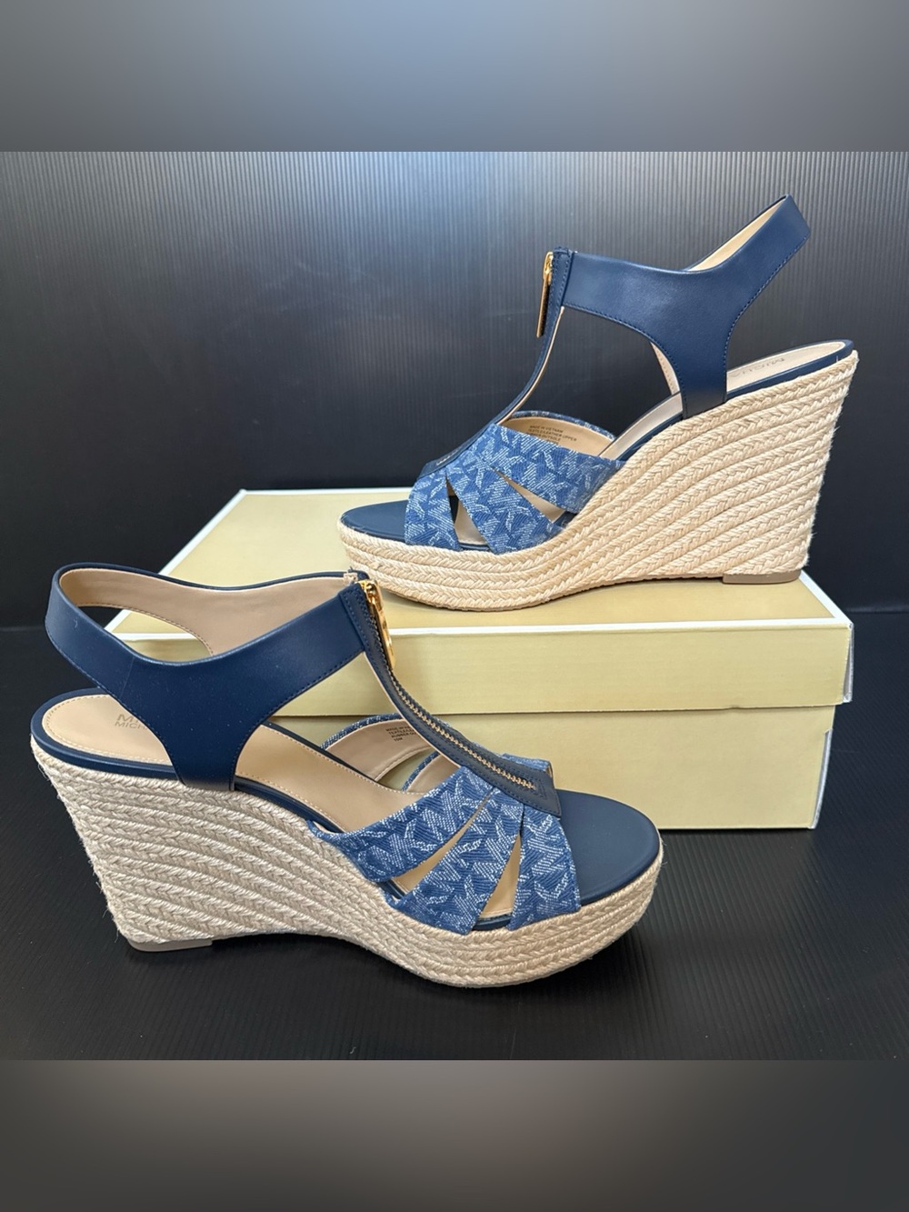 NIB Michael Kors Denim Jacquard Berkley Wedge Espadrille Sandal Women’s Size 10 - Picture 2 of 13